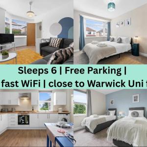 a collage of two pictures of a bedroom and a living room at 3BR Warwick Uni-Free Parking, Fast WiFi in Canley