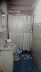 a bathroom with a shower and a toilet and a sink at Hospedaje Gabriel in Yapeyú +16 photos