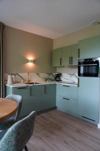 a kitchen with green cabinets and a wooden floor at Bos appartement voor 4 personen in De Lutte +12 photos