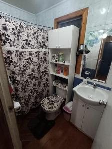 a bathroom with a toilet and a sink and a shower at Casa Familiar Equipada in Curacautín