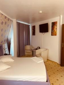 a hotel room with a bed and a tv at Hotel Zava Civic Center in Bucharest
