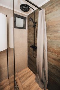 a shower with a shower curtain in a bathroom at The DREAM A-frame Cabin in Arpaşu de Sus