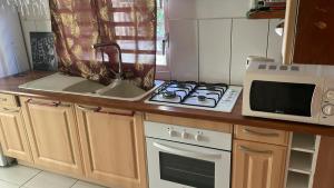 a kitchen with a stove top oven next to a microwave at Chez Henriette in Terre de Bas