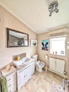 a bathroom with a sink and a toilet and a mirror at Lakeside Lodge Retreat, with Roof Deck min 6 nights 