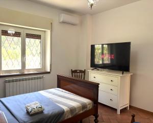 a bedroom with a bed and a flat screen tv at Vacanze Romane in Morlupo