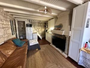 a living room with a couch and a fireplace at Petite Maison avec jardin privée in Savigny-en-véron