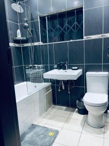 a bathroom with a toilet and a sink at Que Self Catering Apartments in Gaborone