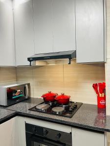 two red pots on a stove in a kitchen at Que Self Catering Apartments in Gaborone +4 photos