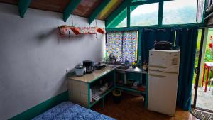 a small kitchen with a sink and a refrigerator at Finca Buena Vista in Turrialba