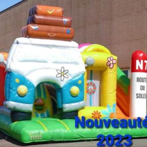 a toy truck on a inflatable play structure at Les Rives d’Auzon confort 6 pers in Lavilledieu