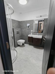 a bathroom with a toilet and a sink and a mirror at Hanul Dintre Vii in Mărăşeşti +34 photos