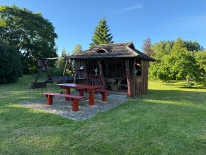 a playground with a picnic table and a swing at Ģimenes māja “Rukši” in Dokupe +8 photos