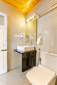 a bathroom with a sink and a toilet and a mirror at Calissa Cottage 2BHK Mall Road in Mussoorie