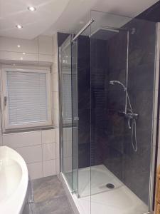 ein Badezimmer mit Glasdusche und Waschbecken in der Unterkunft Komfortzimmer im modernen Stil in Trieben