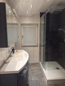 ein Badezimmer mit Waschbecken und Dusche in der Unterkunft Komfortzimmer im modernen Stil in Trieben