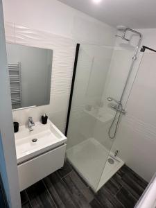 a bathroom with a glass shower and a sink at Maison éco-chic 4 chambres proche Lac et Troyes jardin WiFi nigloland in Lusigny-sur-Barse +98 photos