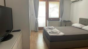 a bedroom with a bed and a television in it at BT Lux apartment 2 in Skopje