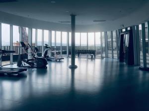 a gym with cardio equipment in a building with windows at Aurora Homes at i-City - WiFi TV Box and 1 Carpark in Shah Alam +9 photos