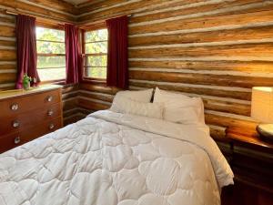 a bedroom with a bed and a wooden wall at Balsam Lake - 2-Bedroom Cabin in Kawartha #11 in Kawartha Lakes