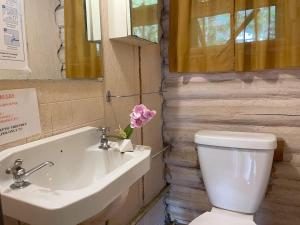 Un baño con un inodoro blanco y un lavabo. en 1-Bedroom Balsam Lake Cottage #9, en Kawartha Lakes