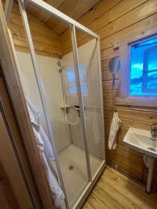 a bathroom with a shower and a sink at Entire cottage at Þingvellir in Selfoss