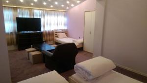 a small living room with a couch and a television at Стаи за гости Деметра in Sofia