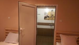 a bathroom with a shower and a bed in a room at Стаи за гости Деметра in Sofia