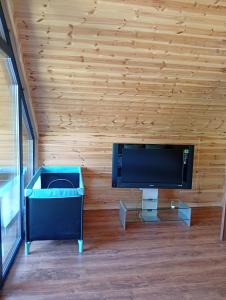 a living room with a flat screen tv on a wooden wall at Wooden House Close to the Beach in Pērkone