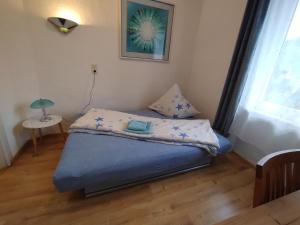 a small bedroom with a bed with blue sheets at Ferienwohnung in der Kunst und Kultur Villa Bad Steben in Bad Steben