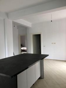 a large kitchen with a black counter top in a room at Vila Mehalla in Arape-Rashbulli +2 photos