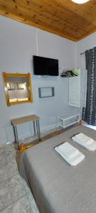 a bedroom with a bed and a tv on the wall at Villa Nefeli in Loutsa