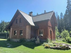 mały drewniany dom na polu trawy w obiekcie Apartmán Stodola1 Harrachov w mieście Harrachov
