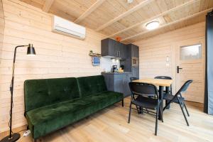 a living room with a green couch and a table at NORA Stays Tiny House mit Seeblick - Sauna - Klima in Buschmühle