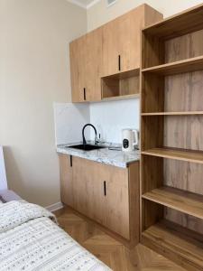 a kitchen with wooden cabinets and a sink in a room at Tsahar geust house in Ulaanbaatar
