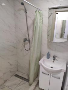 a bathroom with a shower and a sink at Smart House on Mashynobudivna in Kyiv