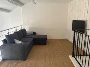 a living room with a couch and a television at Atypical house with terrace in Salles-sous-Bois