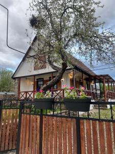 una casa detrás de una valla con macetas. en Hnameni Bovadzor Lodge, en Maksim Gorʼkiy