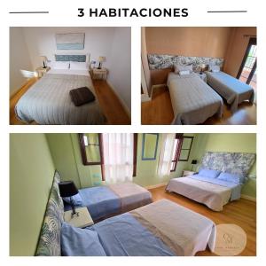 two pictures of a bedroom with three beds in it at CasaManuelaMonesterio in Monesterio