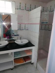a bathroom with two sinks and a shower at Charmante maison près de Rivière-Pilote - 65 m² avec terrasse. in Rivière-Pilote +4 photos