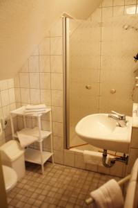 a bathroom with a sink and a shower and a toilet at Hotel Drei Kronen in Burgkunstadt