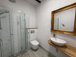 a bathroom with a sink and a toilet and a mirror at Apartament w Zabytkowej Stajni nad Jeziorem z Dostępem do Parku i Sąsiedztwem XIX wiecznego Dworku Modrzewiowego in Szteklin +40 photos