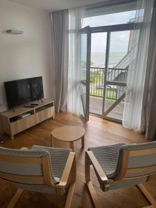 Μια τηλεόραση ή/και κέντρο ψυχαγωγίας στο Lagoon-View Apartment Pervalka