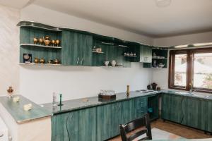 a kitchen with green cabinets and a counter at Pensiunea Oaza Padurii in Novaci