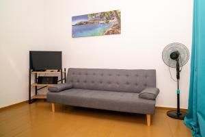 コッカリにあるKokkari Sea View Traditional Greek Homeのソファと薄型テレビのあるリビングルーム