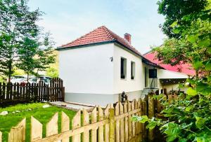a white house behind a wooden fence at Tiny House Lahnfriede in Nassau