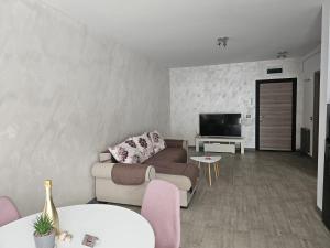 een woonkamer met een bank en een tv bij Alezzi beach luxury Lidia apartment in Mamaia Nord – Năvodari