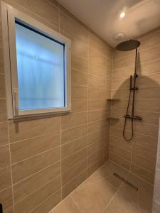 a bathroom with a shower with a window at Villa ursu in Die +6 photos