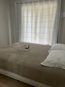 a bed with a doll sitting on it in front of a window at Casa do Campo in Rio do Sul