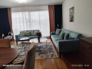 a living room with a blue couch and a table at Luxury Apartment Sarajevo Free parking in Sarajevo