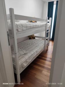a cat laying on the bottom bunk of a bunk bed at Luxury Apartment Sarajevo Free parking in Sarajevo
